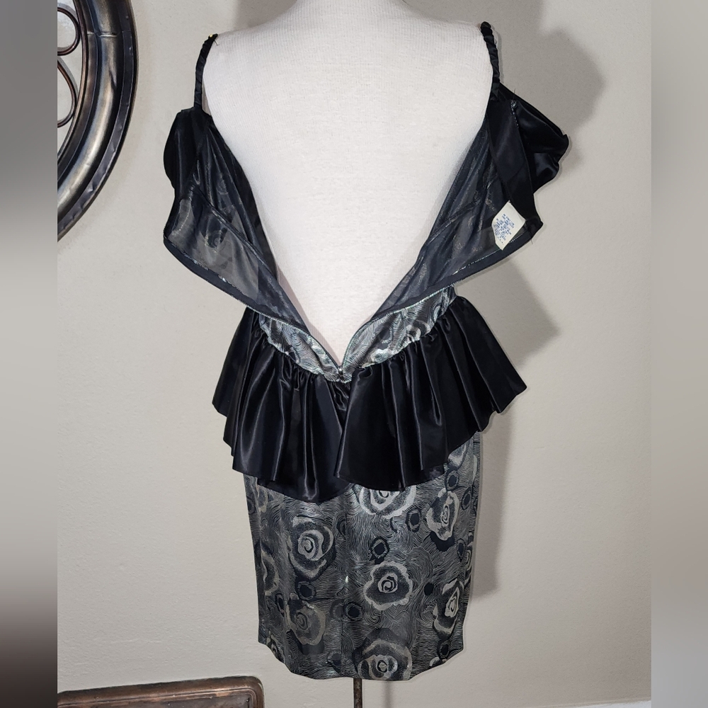 Vintage Dress 1980s Shiny Semi Sheer Floral Accent Silver Size - Picture 9 of 12